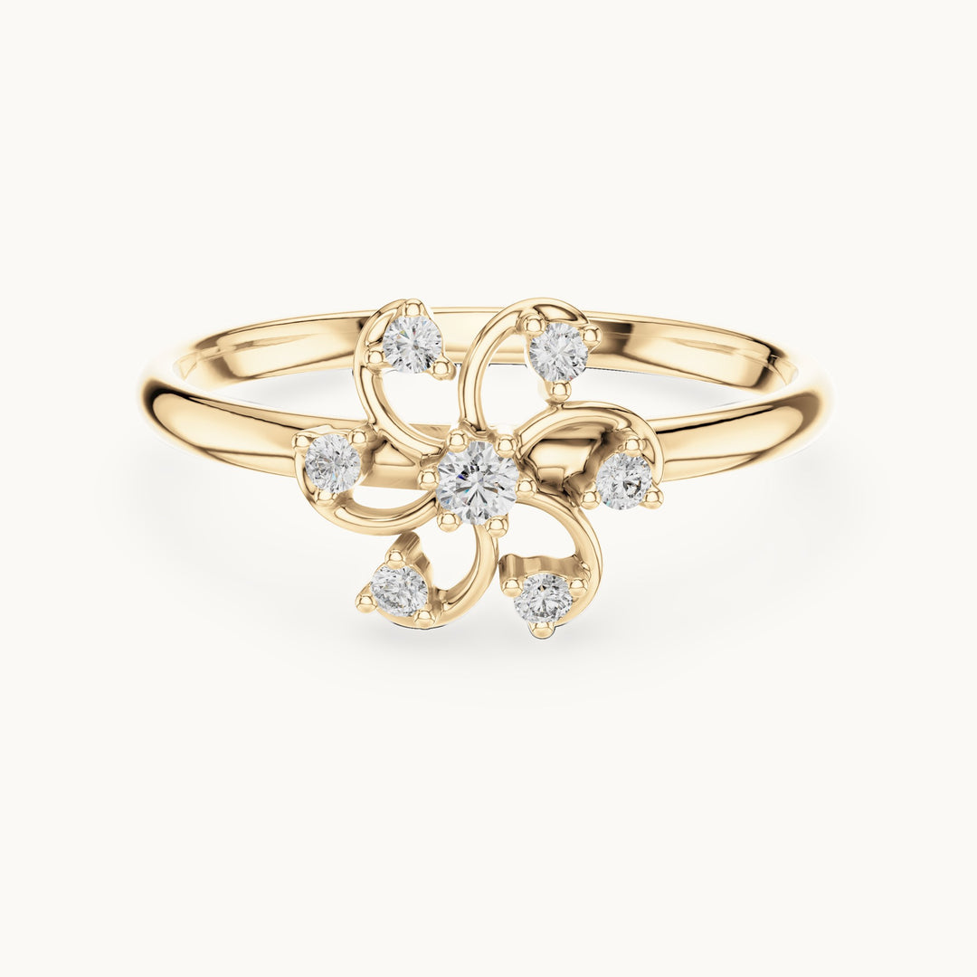 Round lab-grown diamond swirl flower ring in yellow gold, 0.068 CT TW, view 4