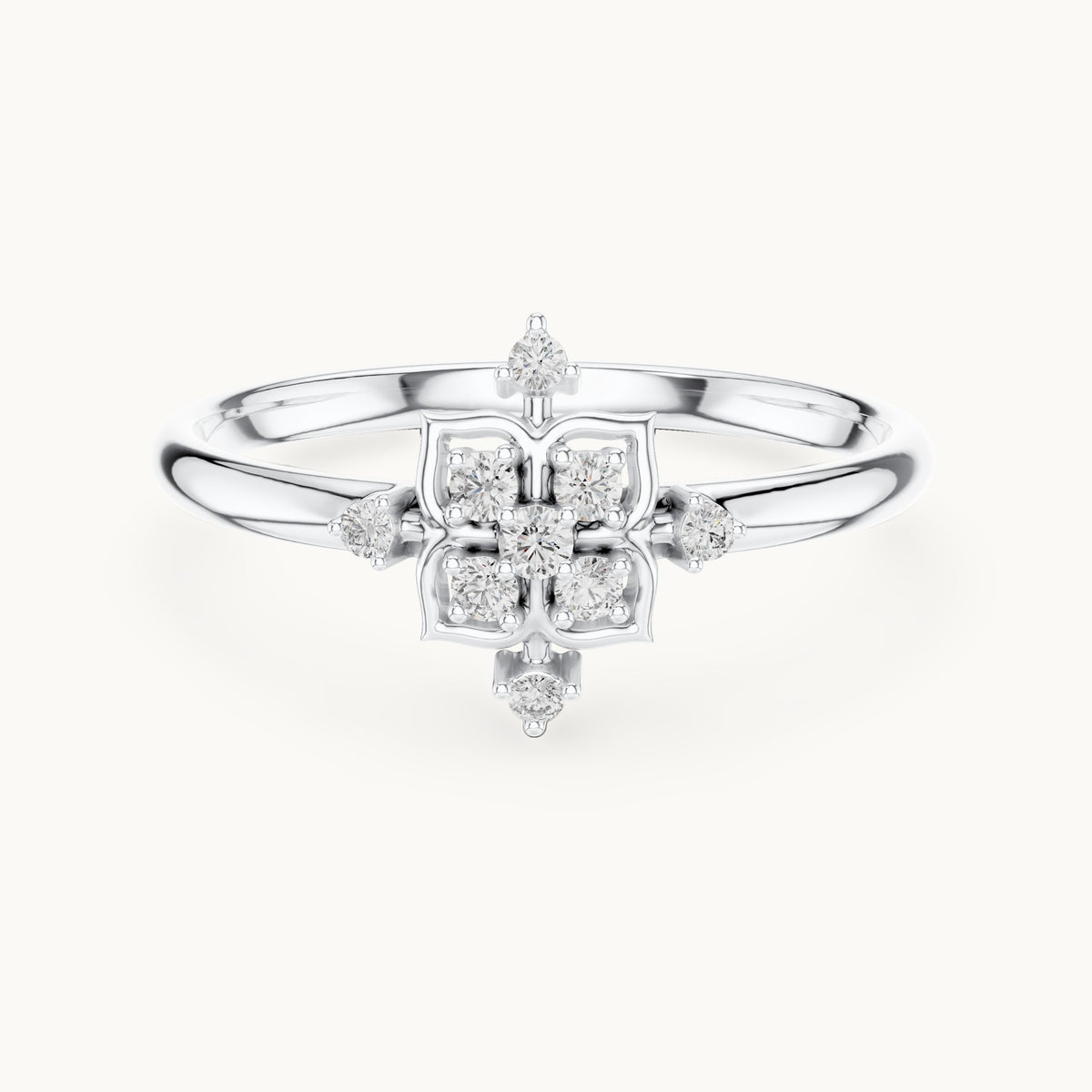 Round lab-grown diamond quatrefoil cluster ring in white gold, 0.062 CT TW, view 4