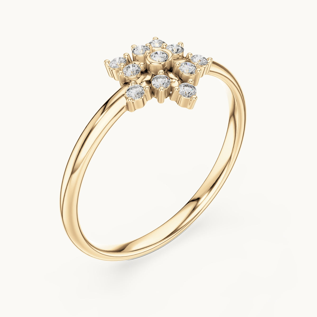 Round lab-grown diamond sunflower ring in yellow gold, 0.09 CT TW, view 2