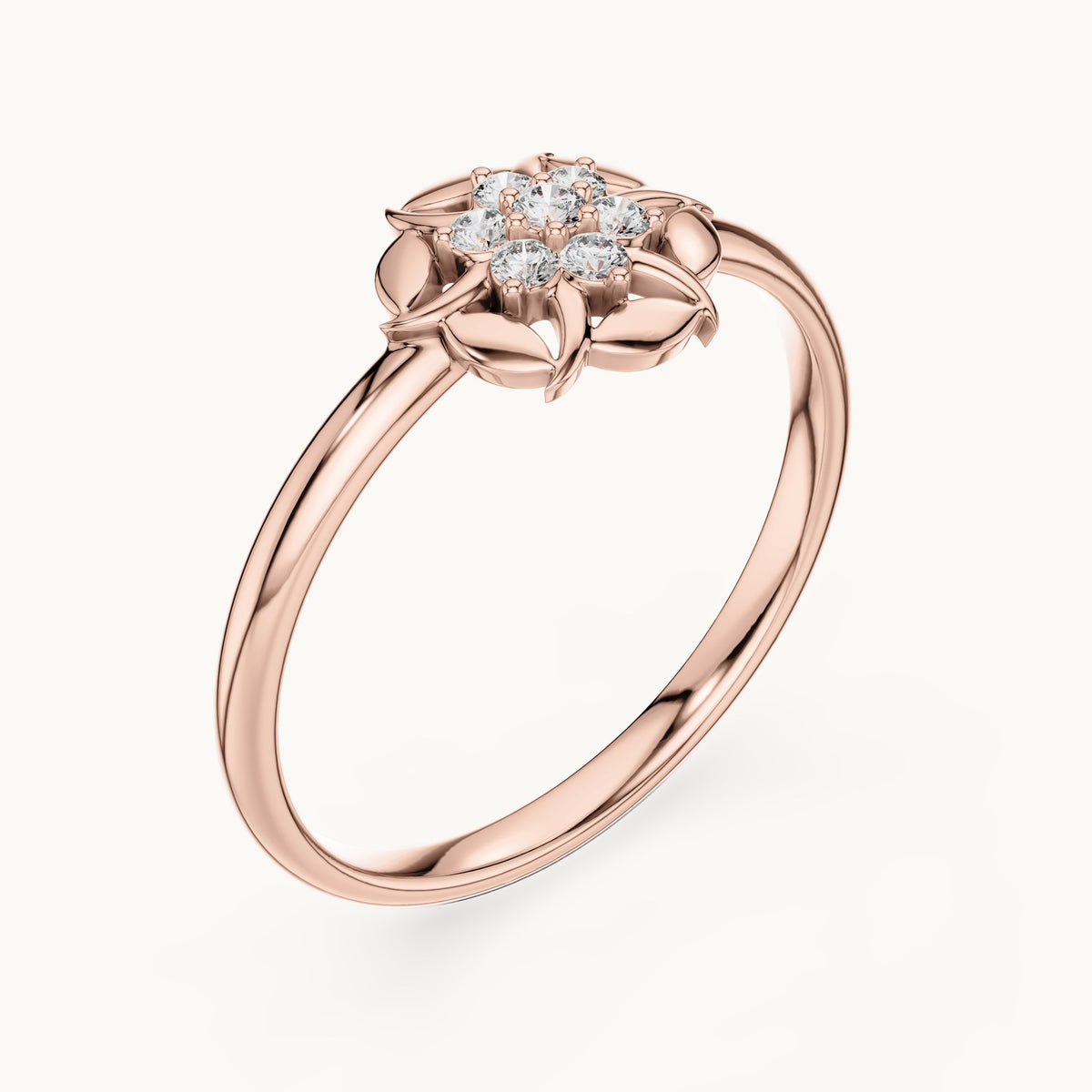 Round lab-grown diamond swirl petal flower cluster ring in rose gold, 0.060 CT TW, view 2