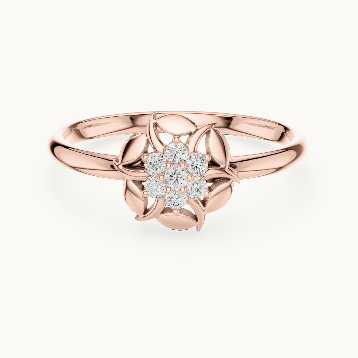 Round lab-grown diamond swirl petal flower cluster ring in rose gold, 0.060 CT TW, view 4