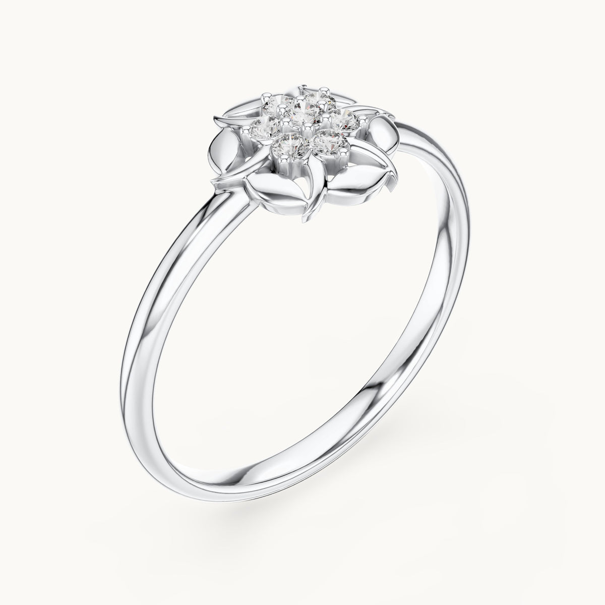 Round lab-grown diamond swirl petal flower cluster ring in white gold, 0.060 CT TW, view 2