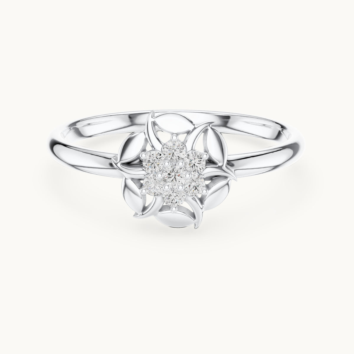 Round lab-grown diamond swirl petal flower cluster ring in white gold, 0.060 CT TW, view 4