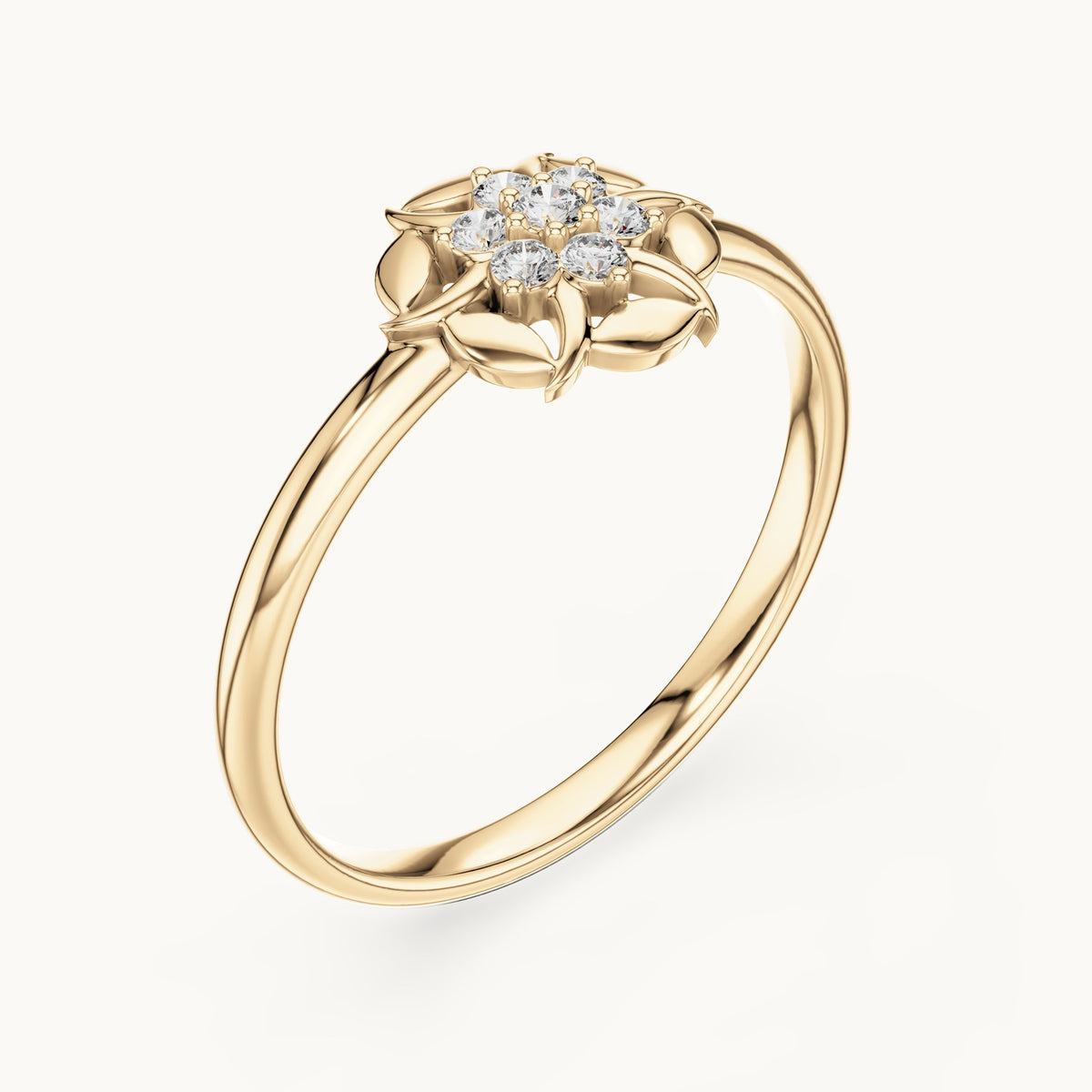 Round lab-grown diamond swirl petal flower cluster ring in yellow gold, 0.060 CT TW, view 2