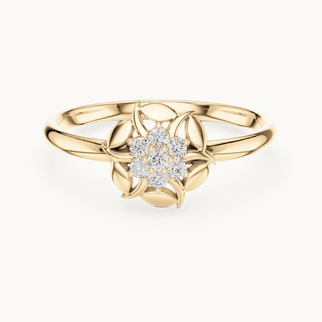 Round lab-grown diamond swirl petal flower cluster ring in yellow gold, 0.060 CT TW, view 4