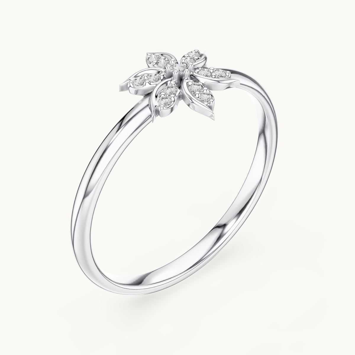 Round lab-grown diamond leaf-petal flower ring in white gold, 0.041 CT TW, view 2