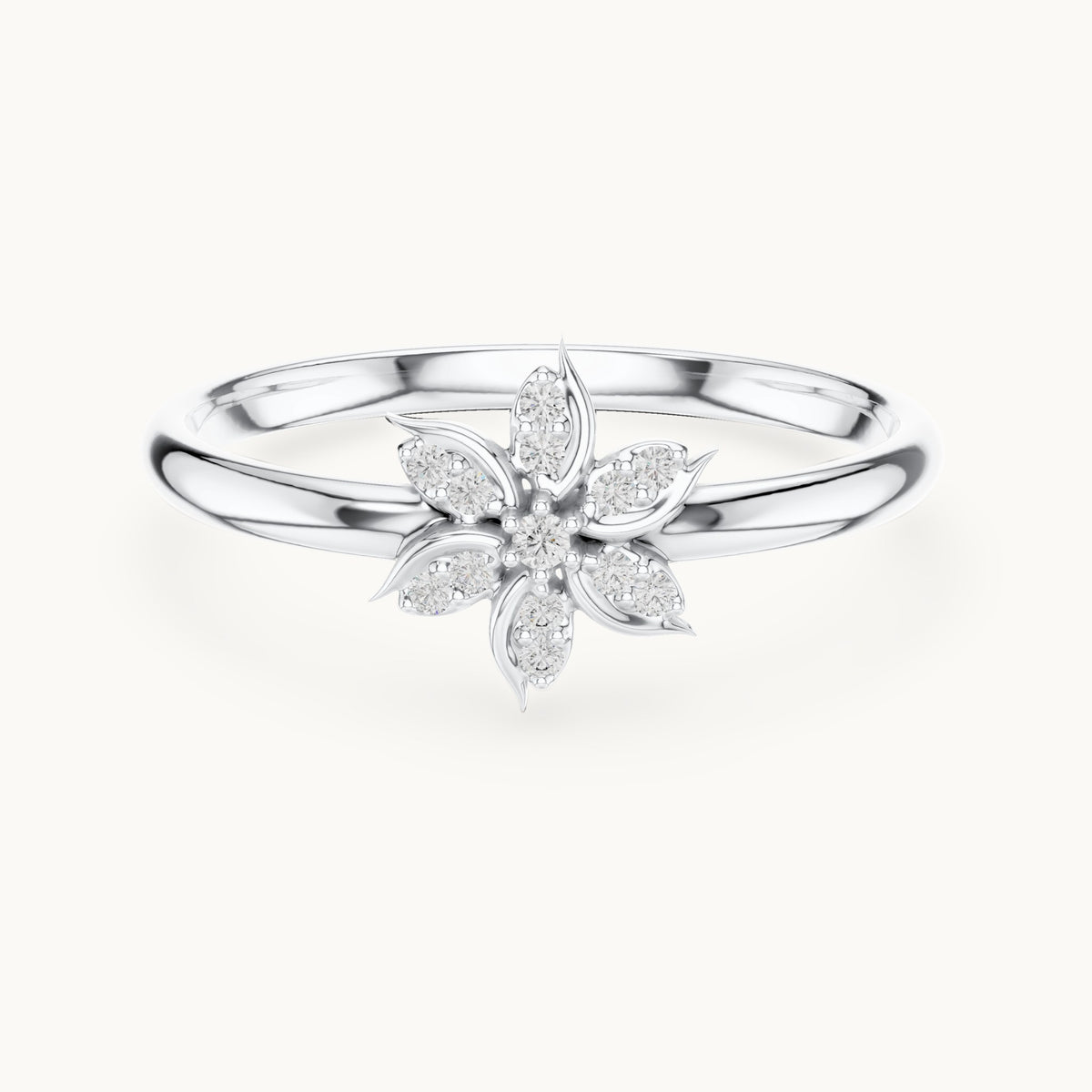 Round lab-grown diamond leaf-petal flower ring in white gold, 0.041 CT TW, view 4
