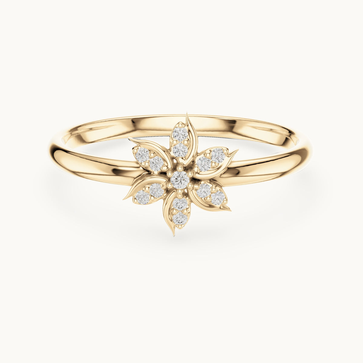 Round lab-grown diamond leaf-petal flower ring in yellow gold, 0.041 CT TW, view 4