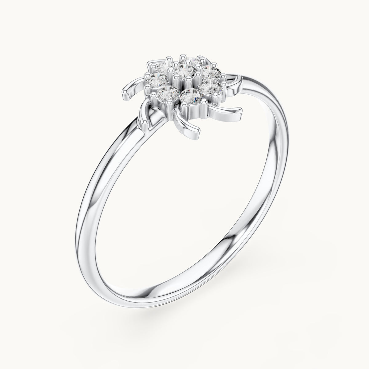 Round lab-grown diamond tendril flower cluster ring in white gold, 0.080 CT TW, view 2