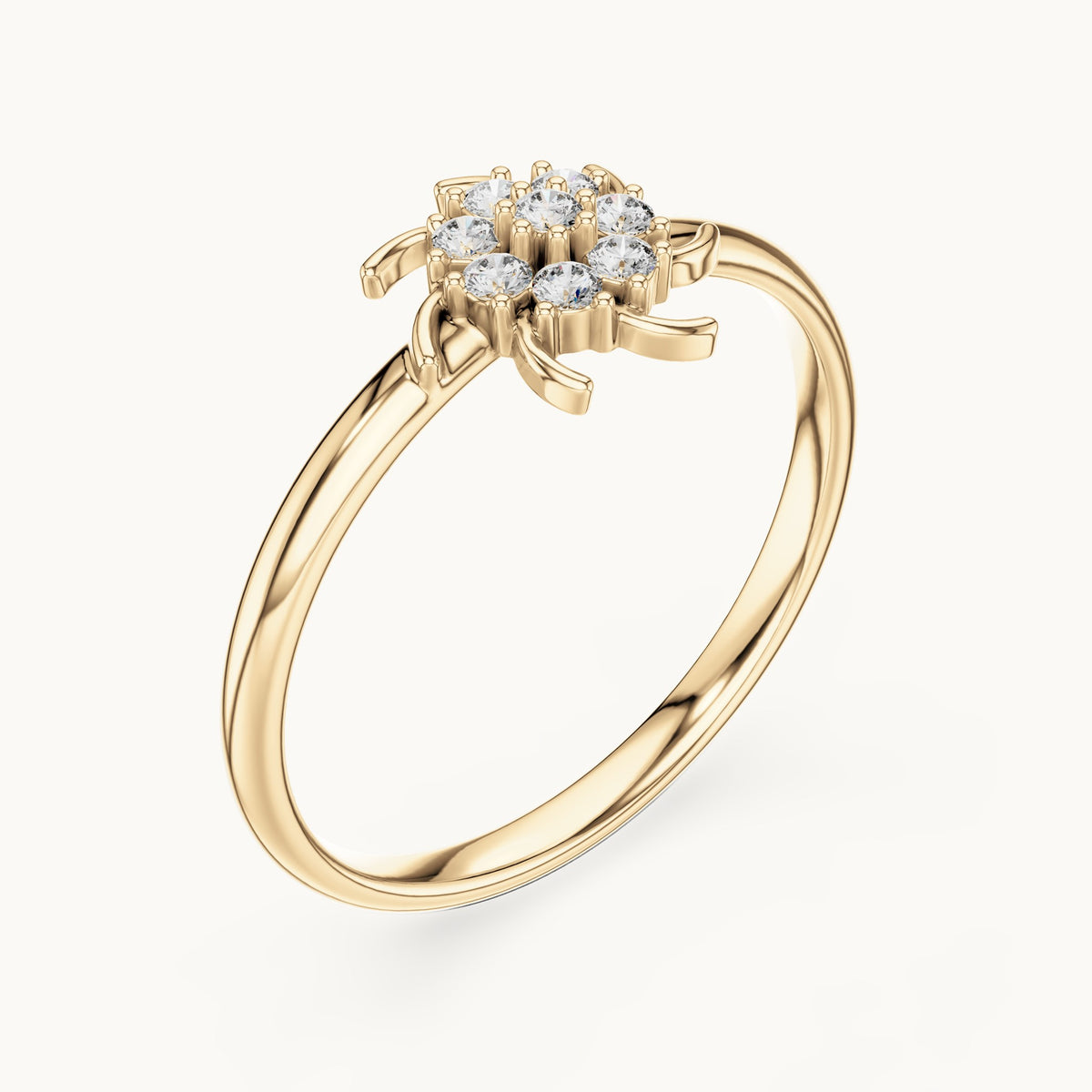 Round lab-grown diamond tendril flower cluster ring in yellow gold, 0.080 CT TW, view 2