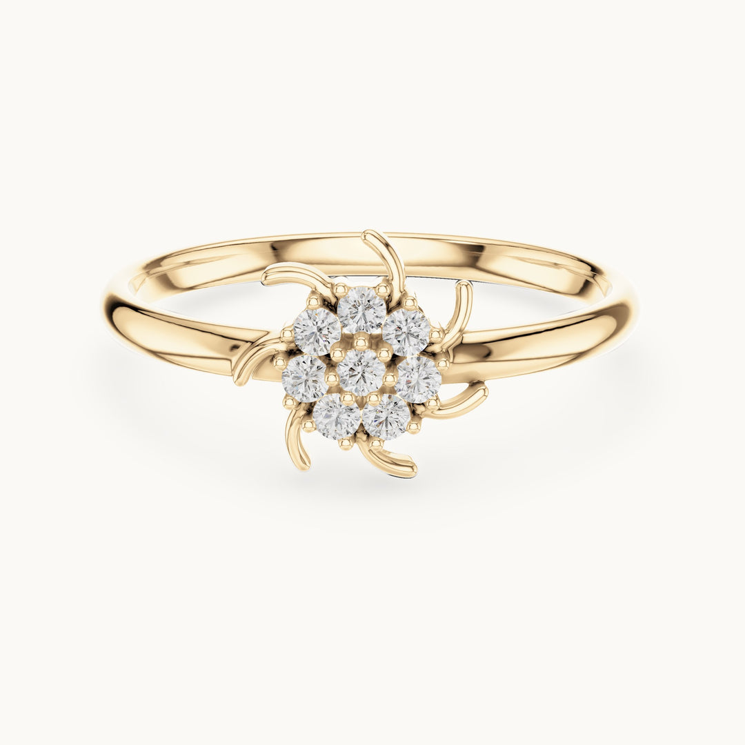 Round lab-grown diamond tendril flower cluster ring in yellow gold, 0.080 CT TW, view 4