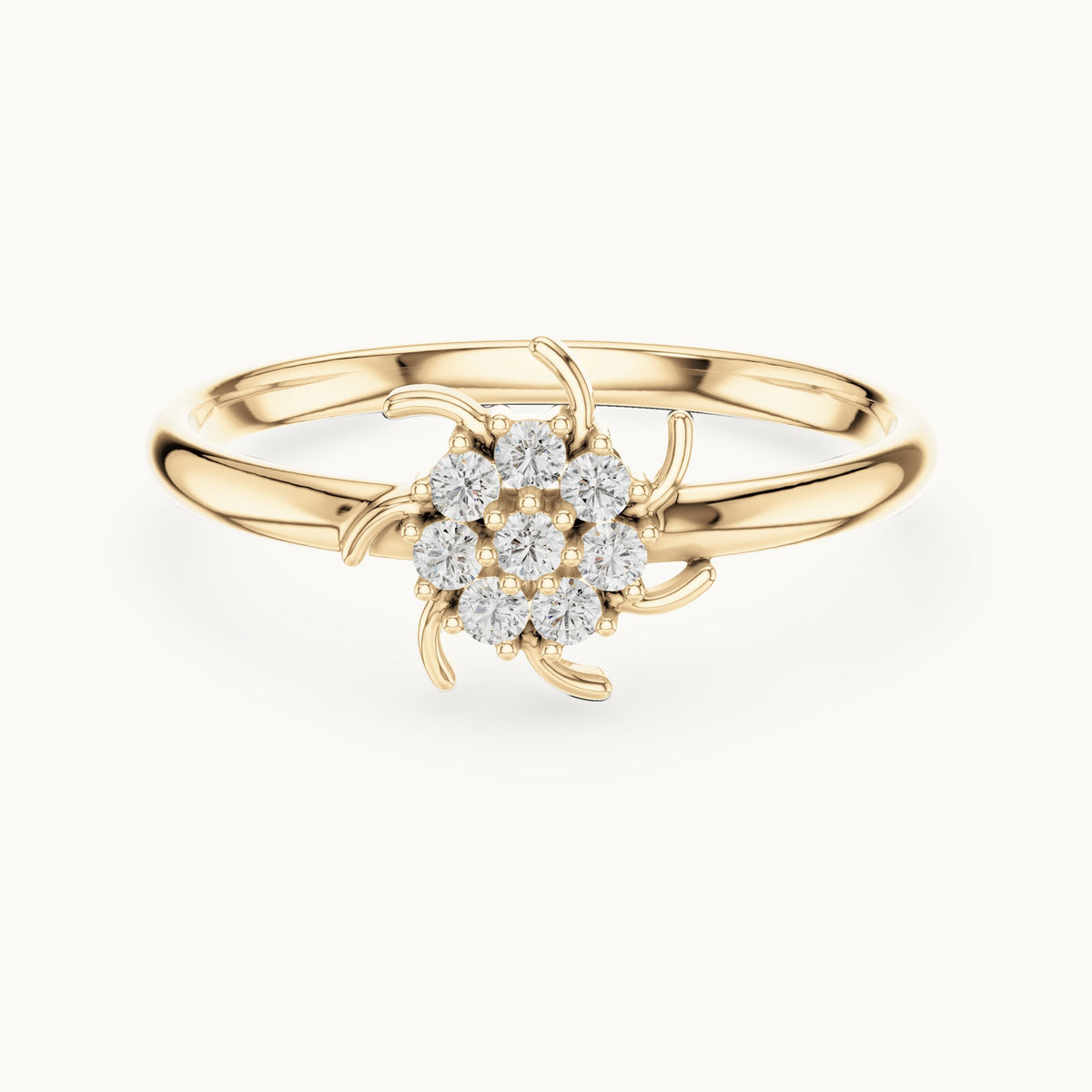 Round lab-grown diamond tendril flower cluster ring in yellow gold, 0.080 CT TW, view 4
