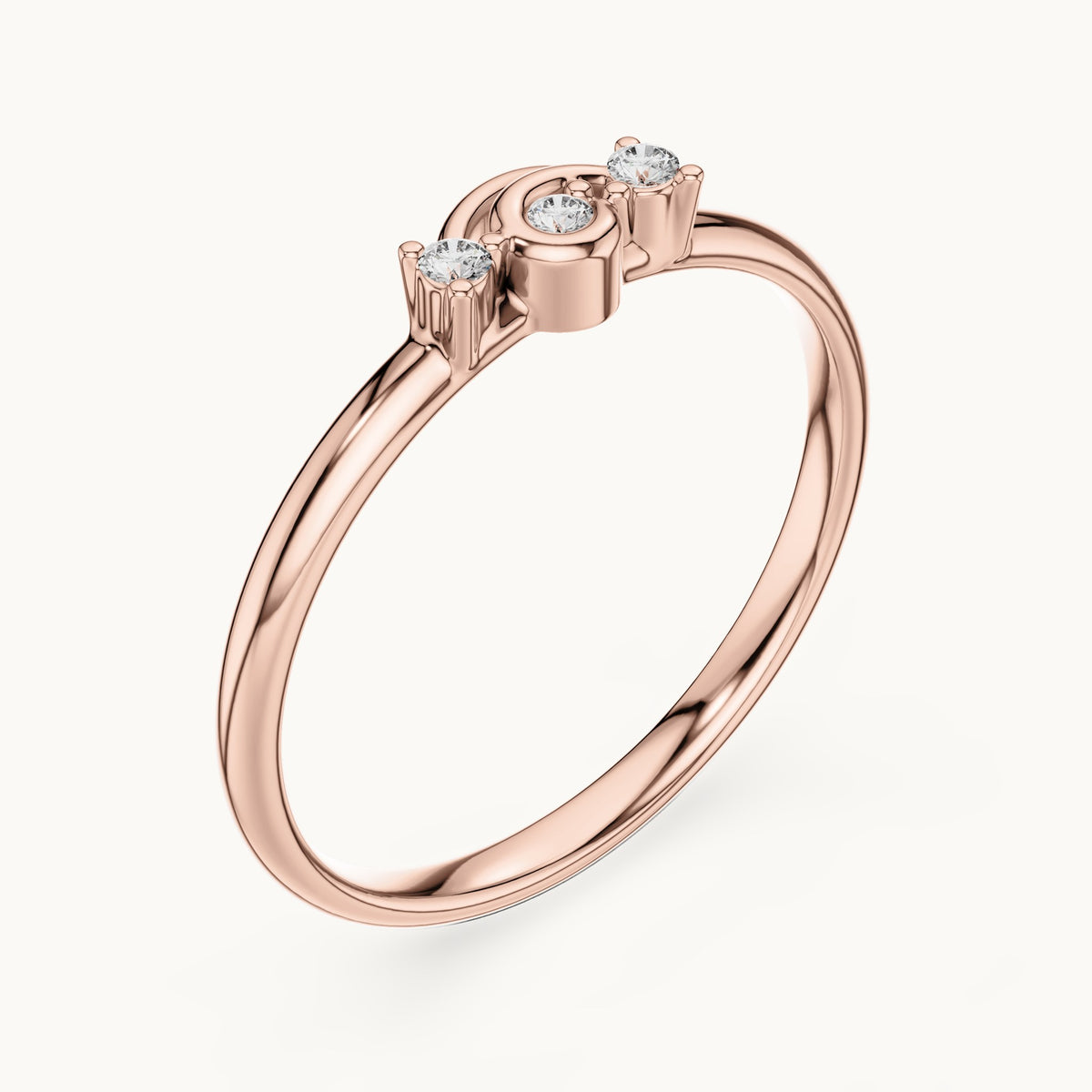 Round lab-grown diamond three-stone scroll ring in rose gold, 0.03 CT TW, view 2