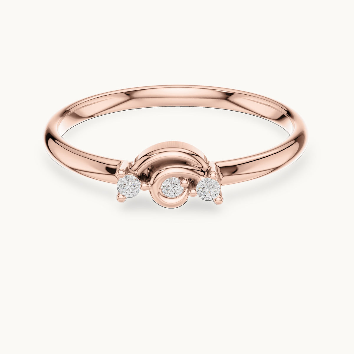 Round lab-grown diamond three-stone scroll ring in rose gold, 0.03 CT TW, view 4