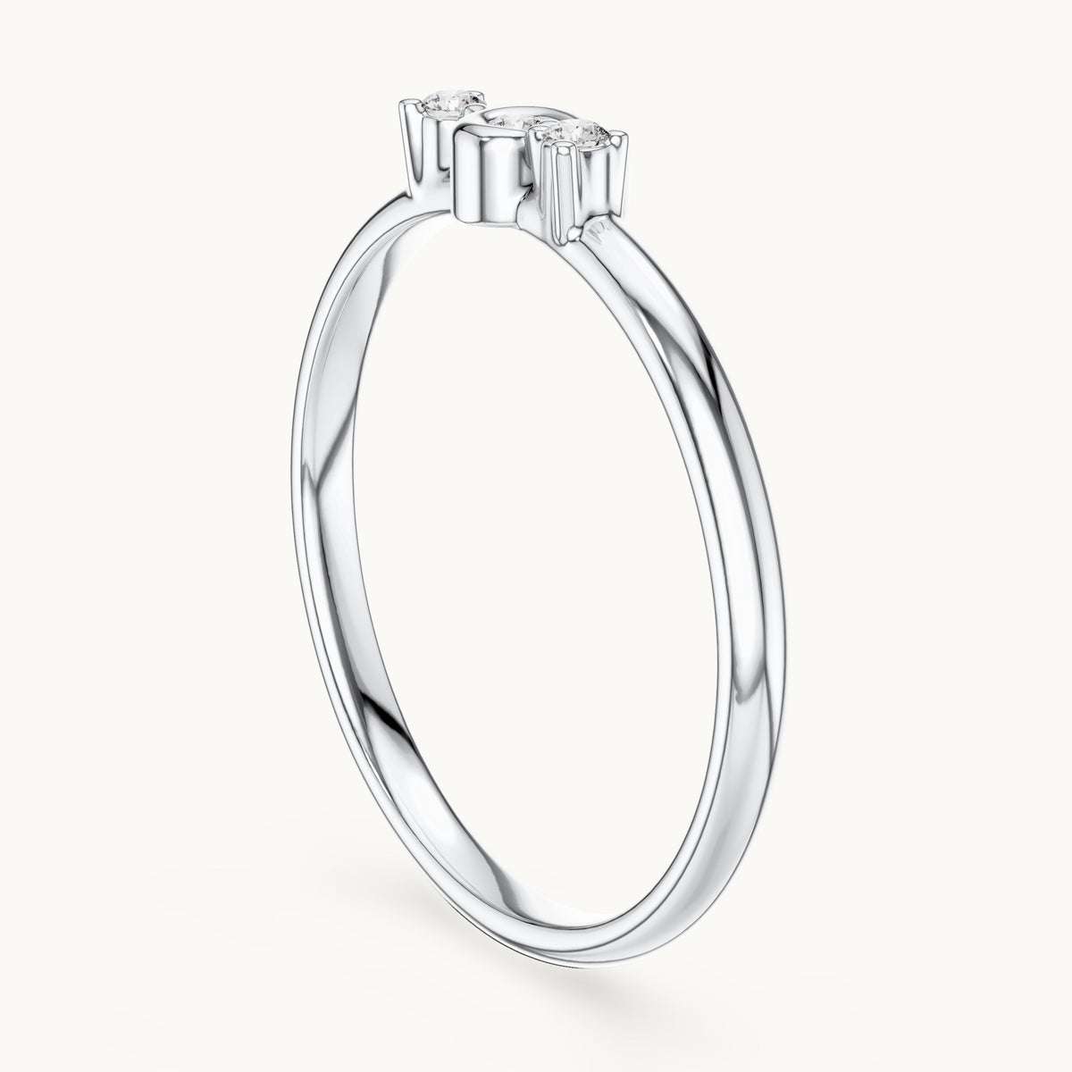 Round lab-grown diamond three-stone scroll ring in white gold, 0.03 CT TW, view 1