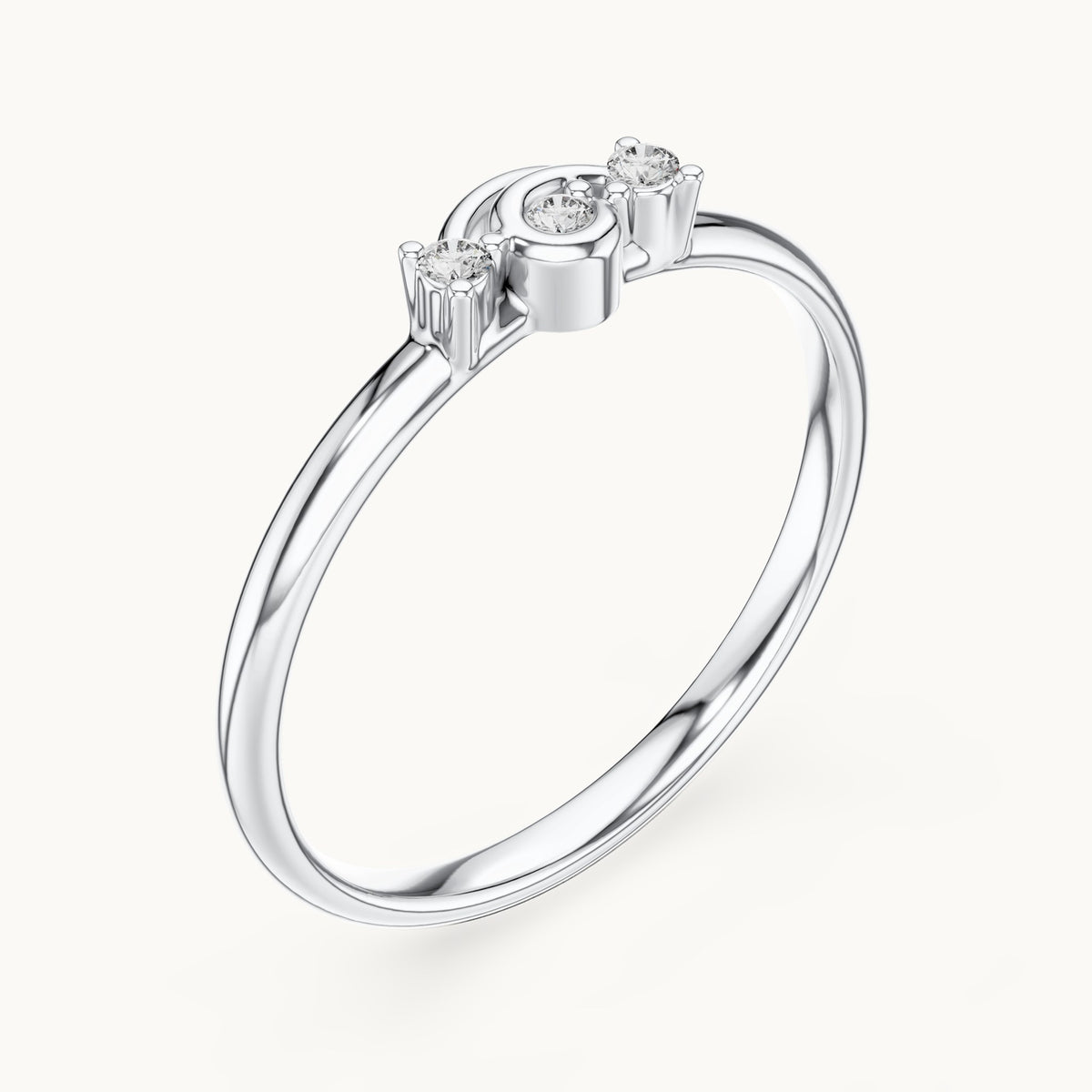 Round lab-grown diamond three-stone scroll ring in white gold, 0.03 CT TW, view 2