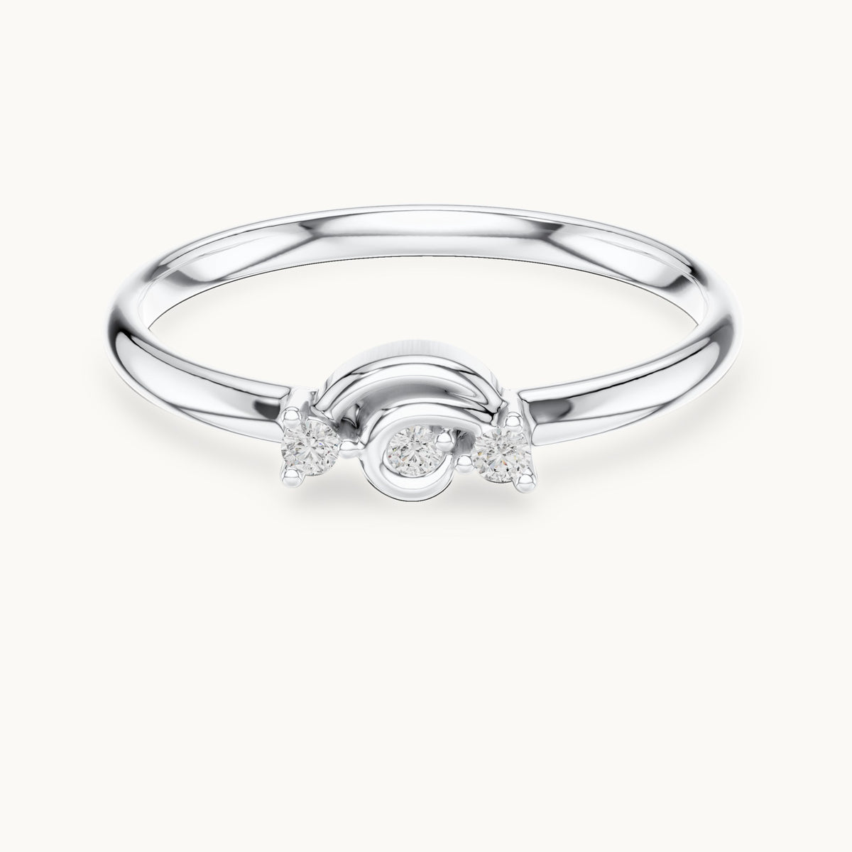 Round lab-grown diamond three-stone scroll ring in white gold, 0.03 CT TW, view 4