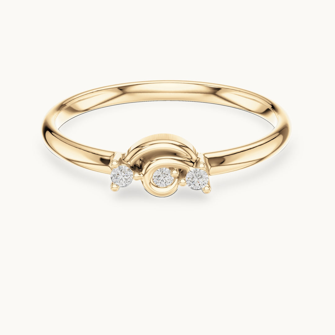 Round lab-grown diamond three-stone scroll ring in yellow gold, 0.03 CT TW, view 4