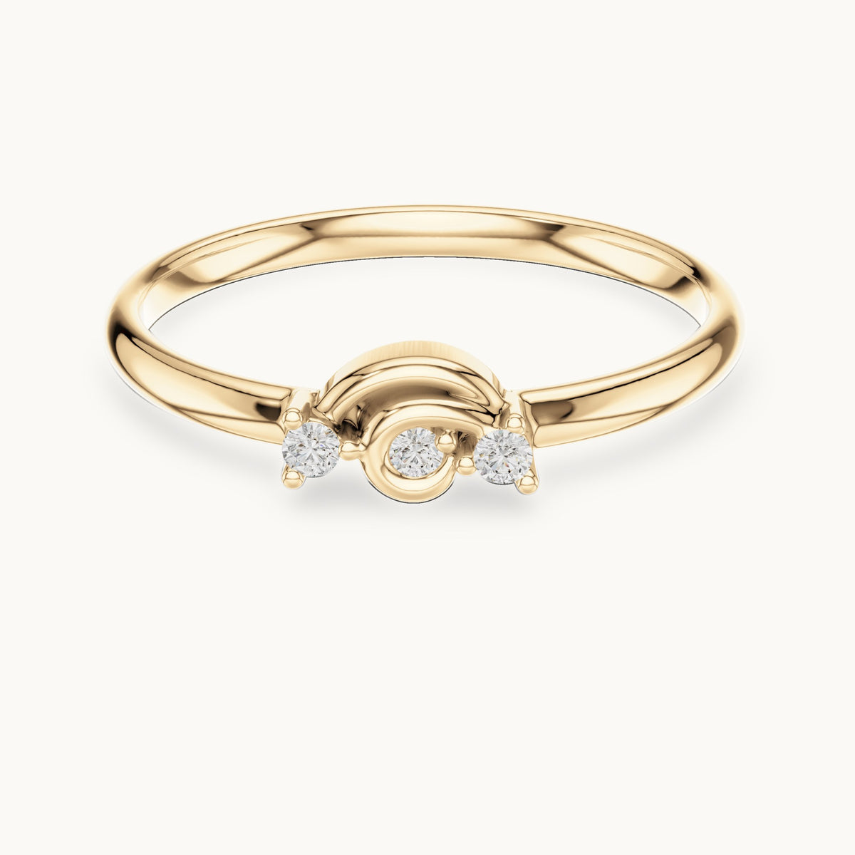 Round lab-grown diamond three-stone scroll ring in yellow gold, 0.03 CT TW, view 4