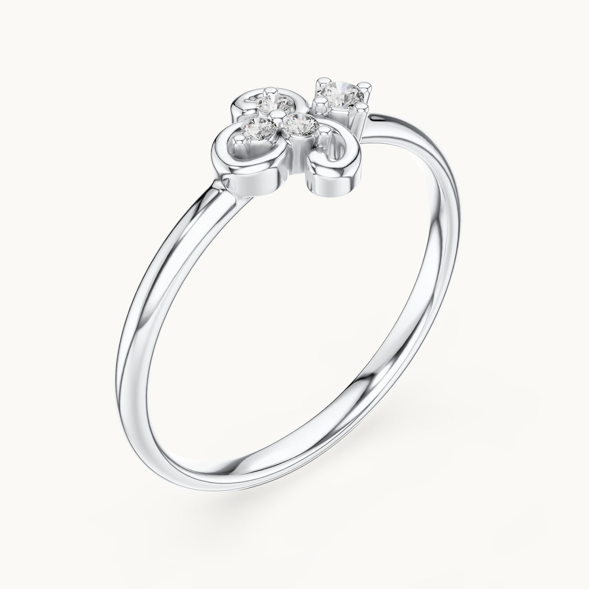 Round lab-grown diamond curled scroll trio ring in white gold, 0.042 CT TW, view 2