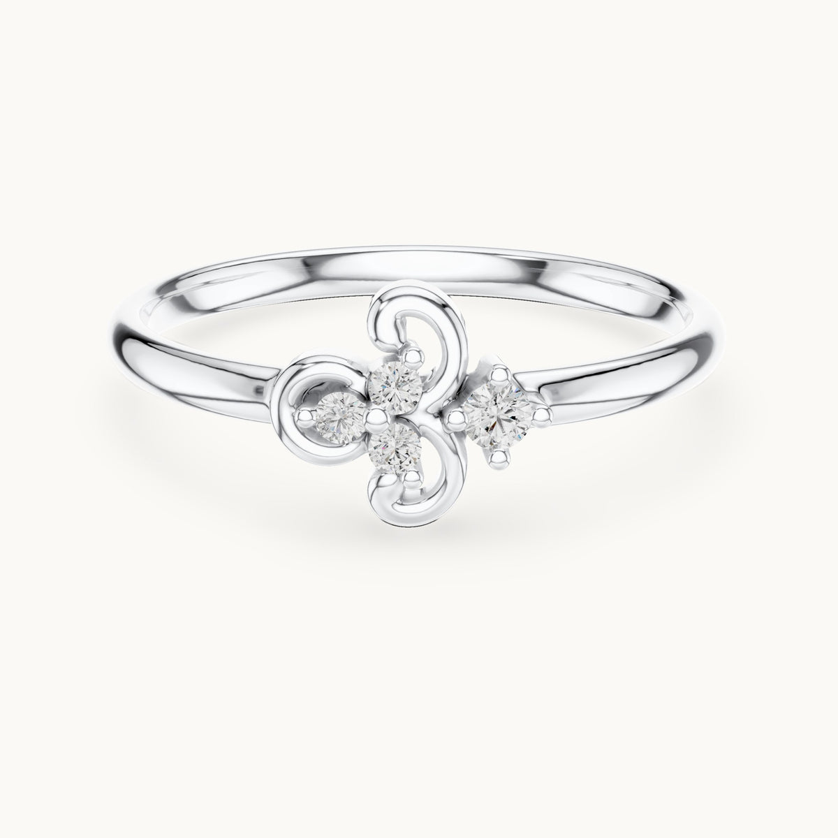 Round lab-grown diamond curled scroll trio ring in white gold, 0.042 CT TW, view 4