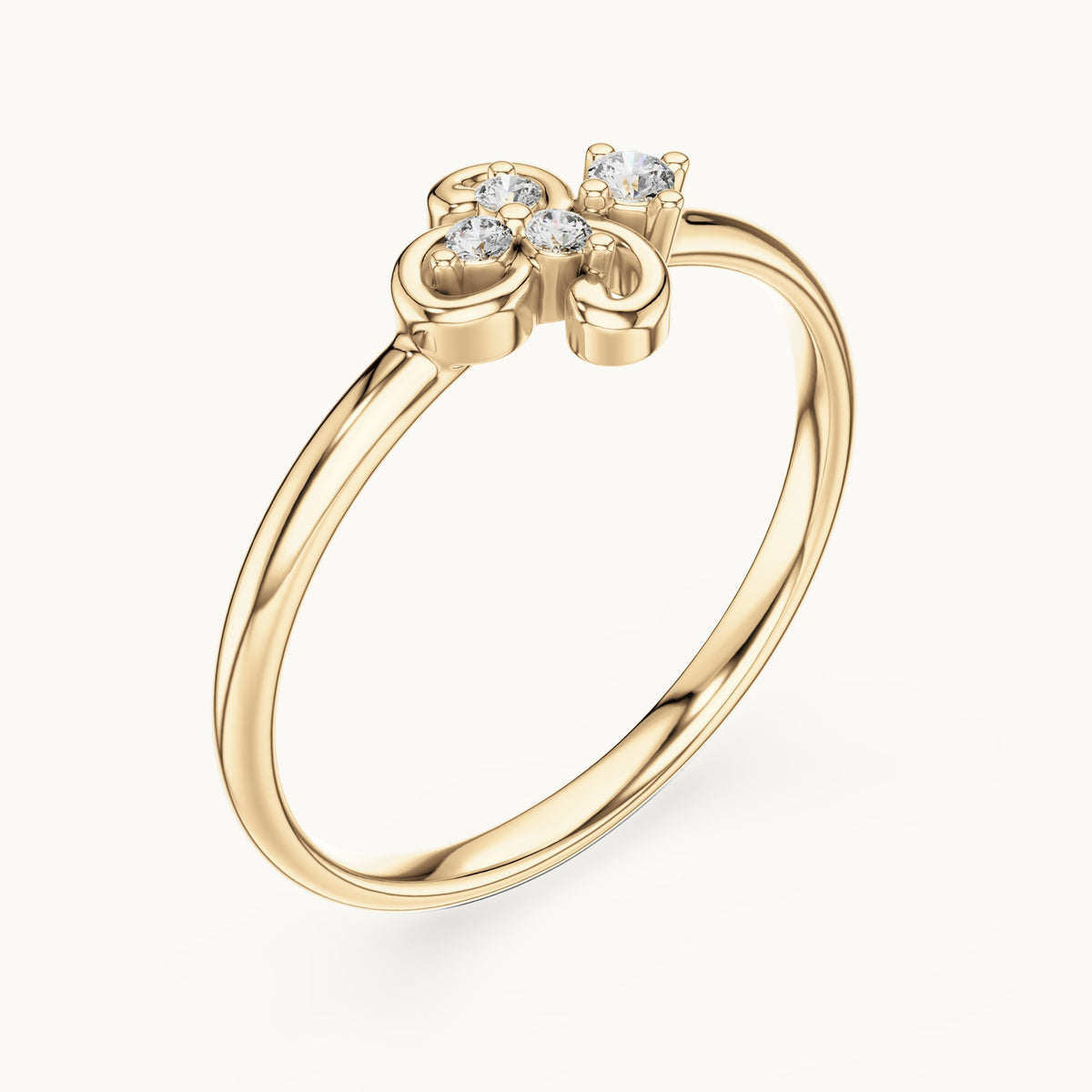 Round lab-grown diamond curled scroll trio ring in yellow gold, 0.042 CT TW, view 2