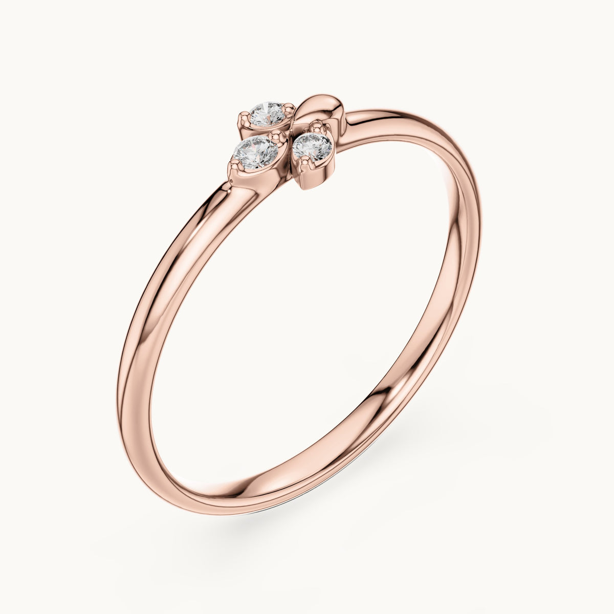 Round lab-grown diamond three-stone leaf cluster ring in rose gold, 0.035 CT TW, view 2