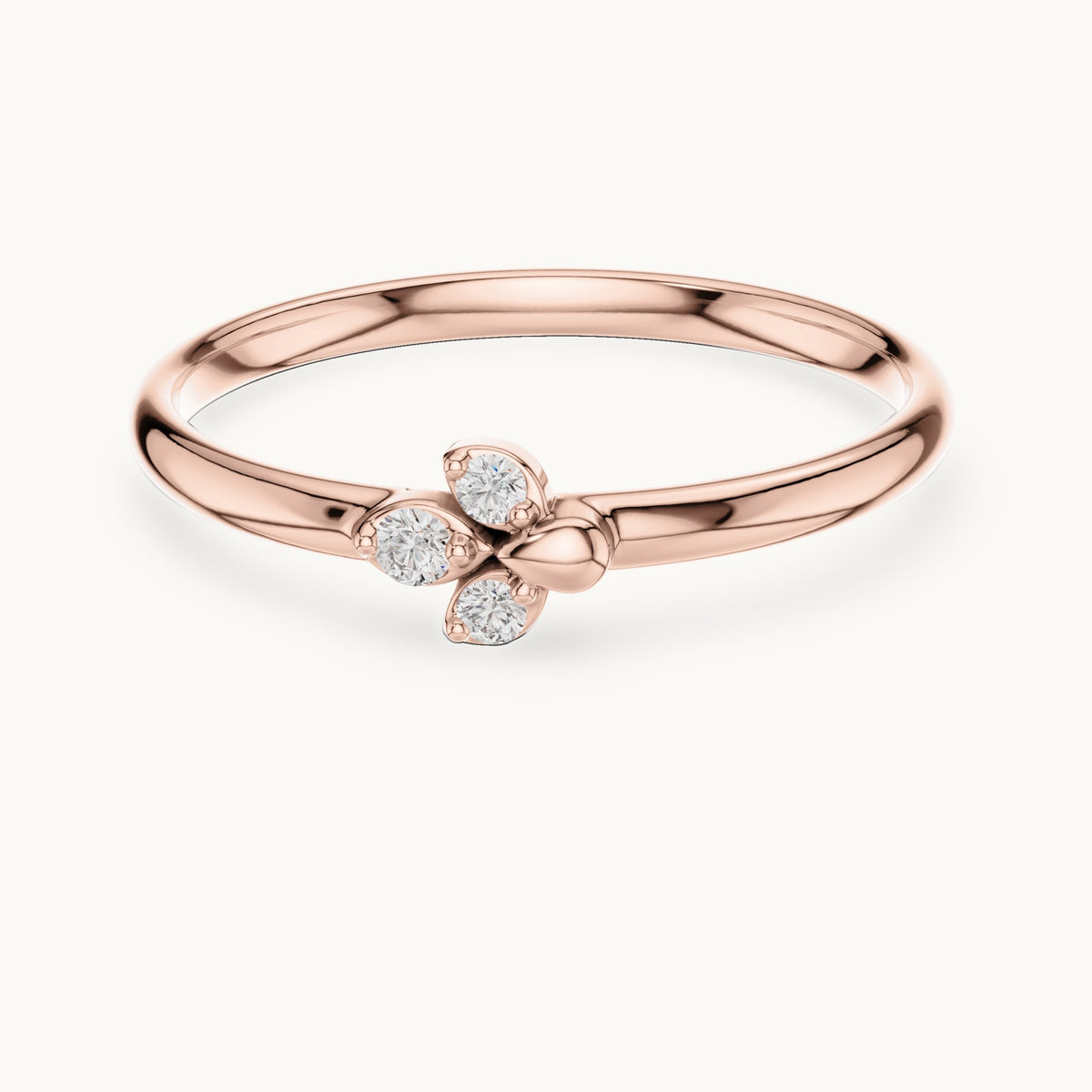 Round lab-grown diamond three-stone leaf cluster ring in rose gold, 0.035 CT TW, view 4