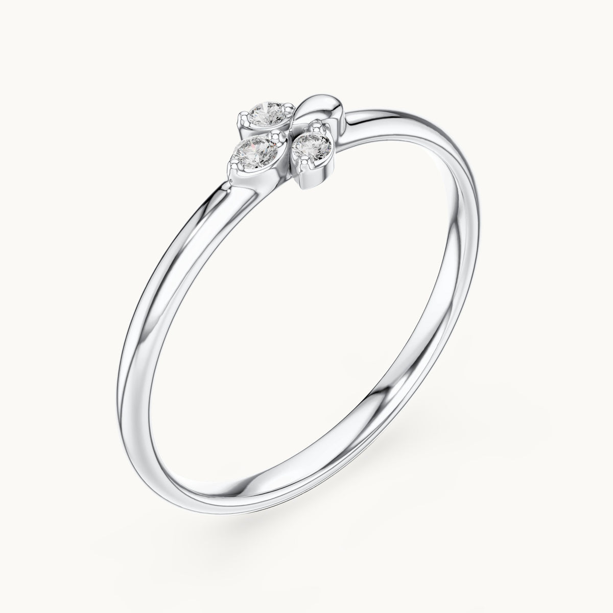Round lab-grown diamond three-stone leaf cluster ring in white gold, 0.035 CT TW, view 2