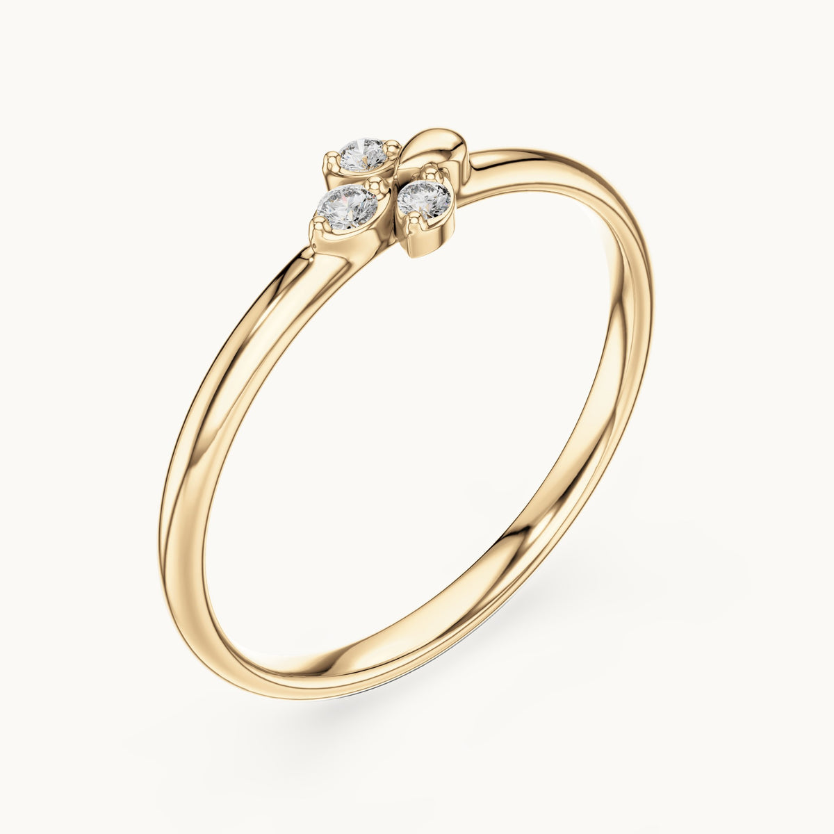 Round lab-grown diamond three-stone leaf cluster ring in yellow gold, 0.035 CT TW, view 2