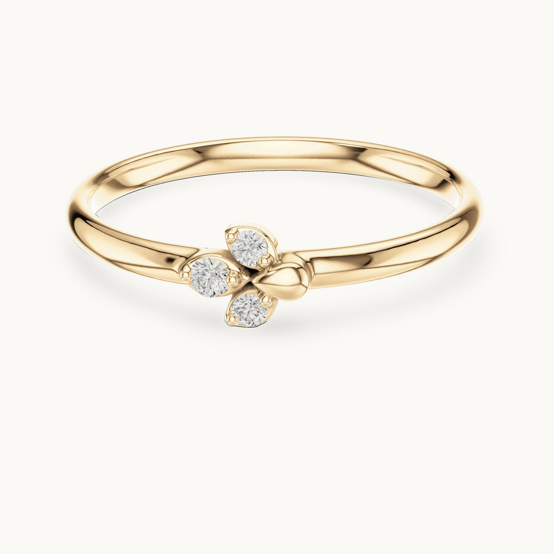 Round lab-grown diamond three-stone leaf cluster ring in yellow gold, 0.035 CT TW, view 4
