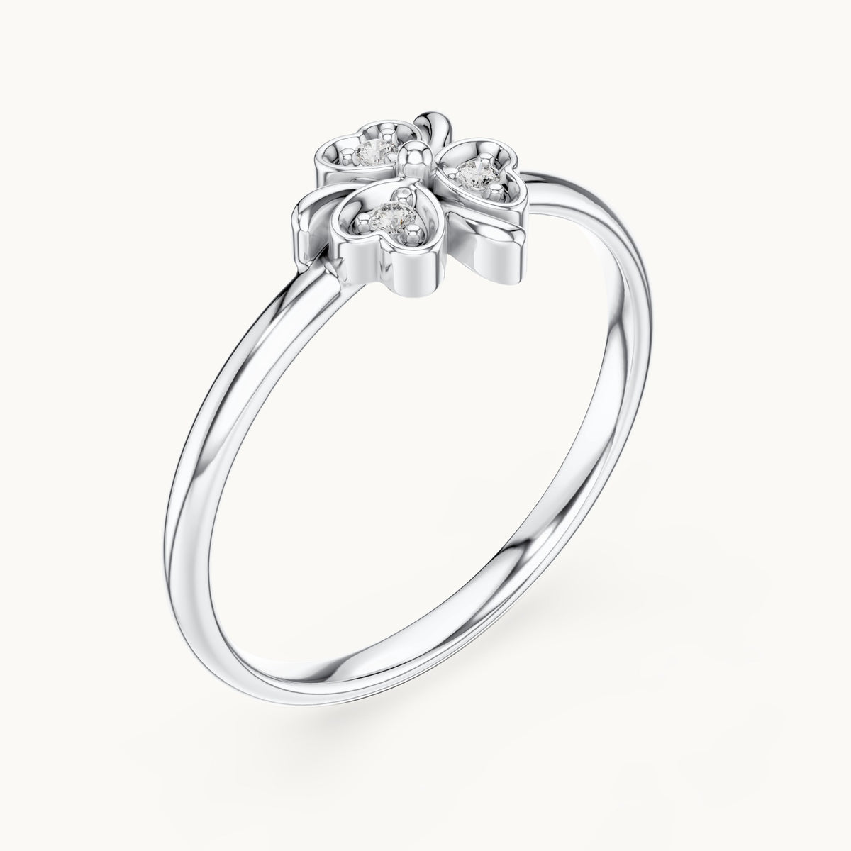 Round lab-grown diamond heart clover ring in white gold, 0.018 CT TW, view 2