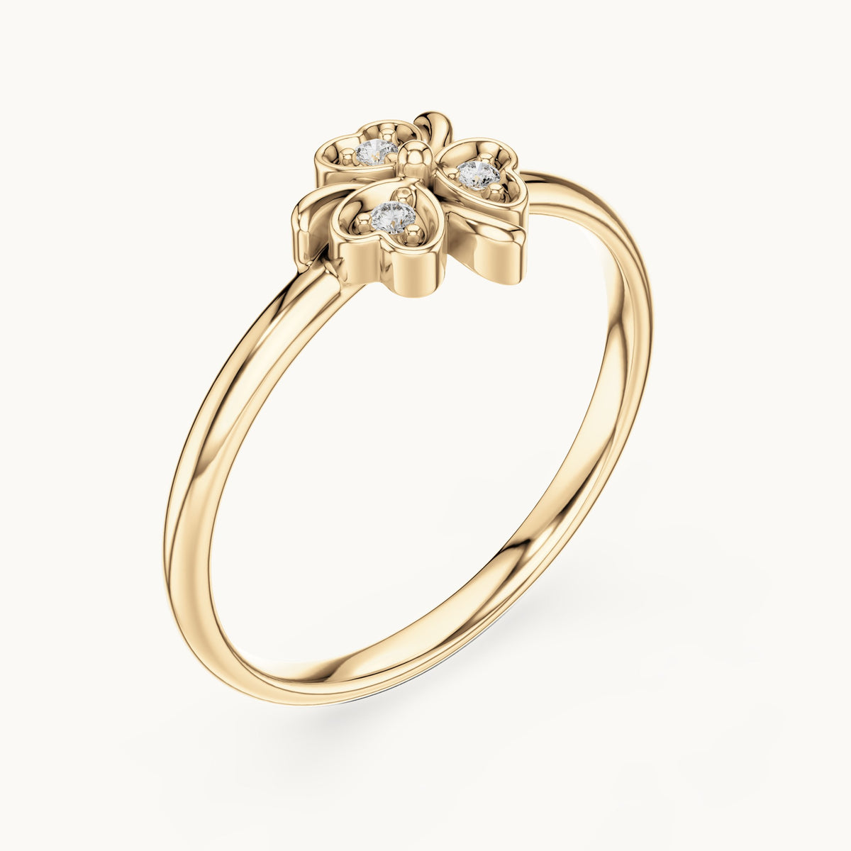 Round lab-grown diamond heart clover ring in yellow gold, 0.018 CT TW, view 2