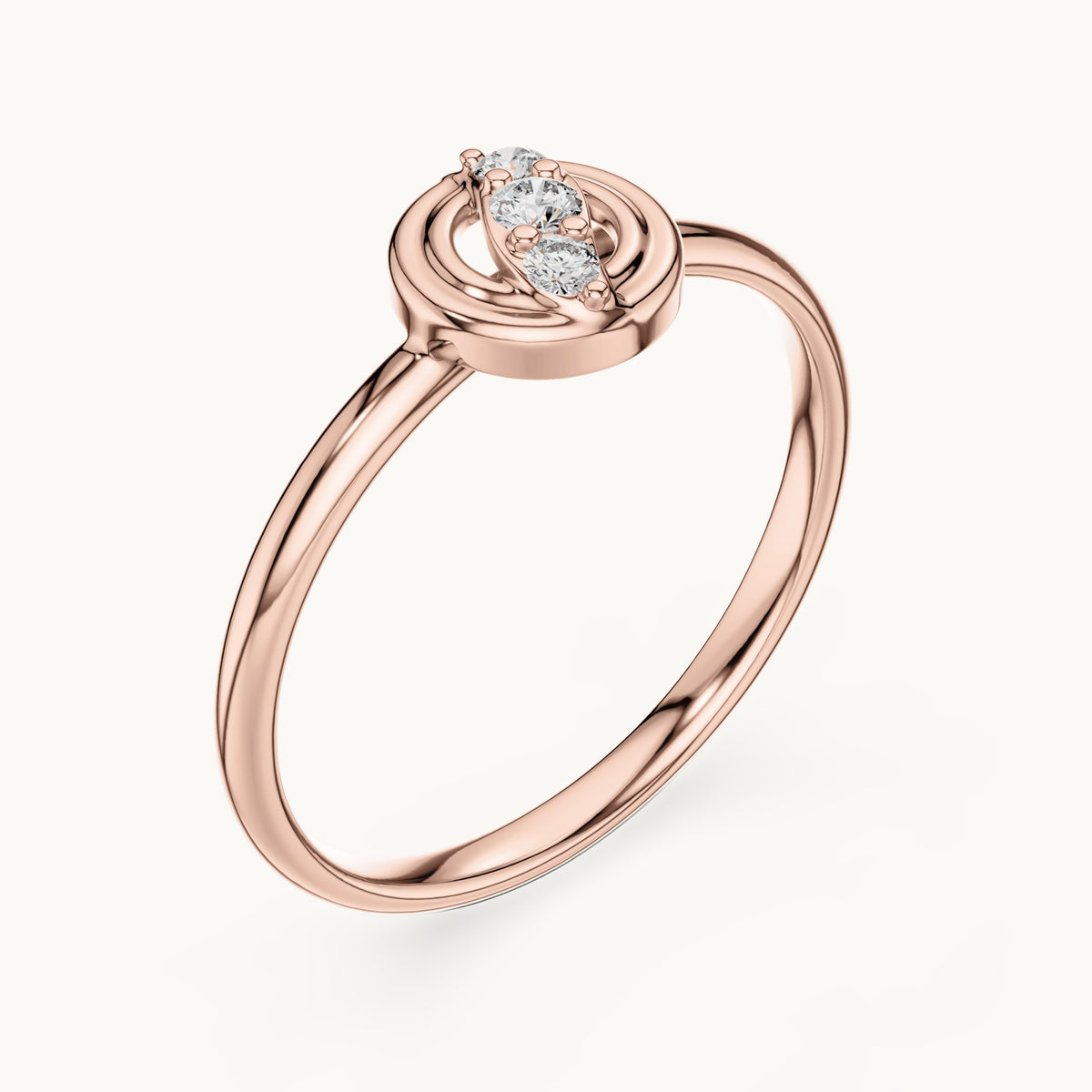 Round lab-grown diamond circle diagonal three-stone ring in rose gold, 0.044 CT TW, view 2