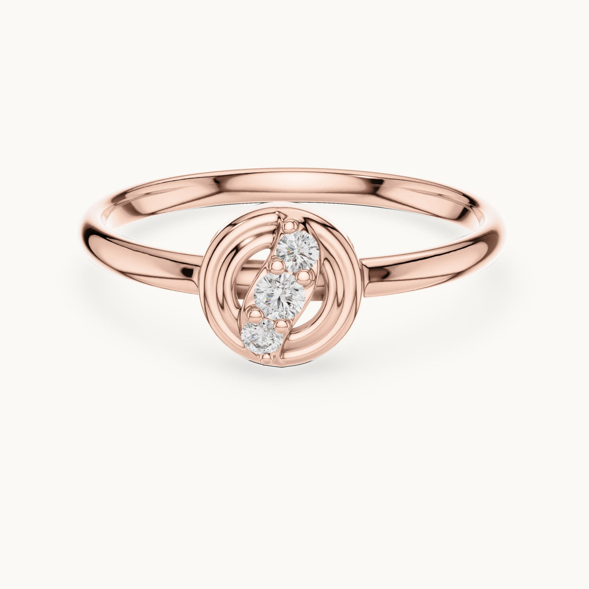 Round lab-grown diamond circle diagonal three-stone ring in rose gold, 0.044 CT TW, view 4