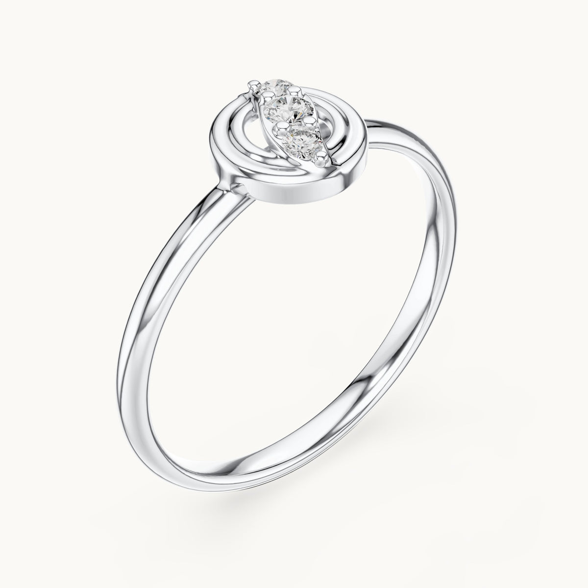 Round lab-grown diamond circle diagonal three-stone ring in white gold, 0.044 CT TW, view 2