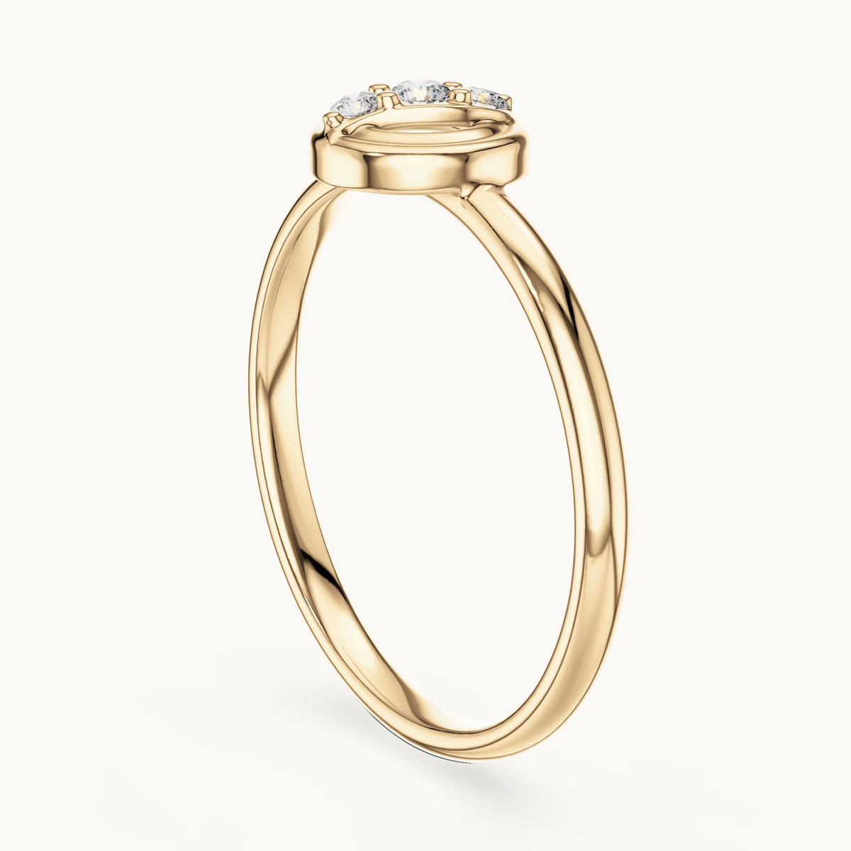 Round lab-grown diamond circle diagonal three-stone ring in yellow gold, 0.044 CT TW, view 1