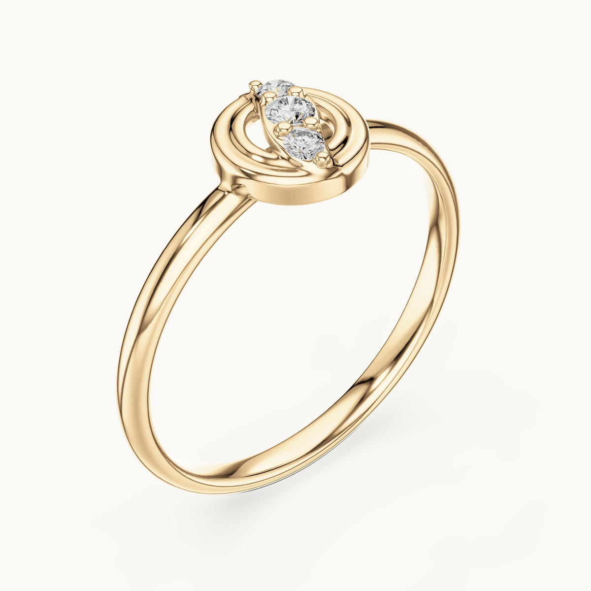 Round lab-grown diamond circle diagonal three-stone ring in yellow gold, 0.044 CT TW, view 2