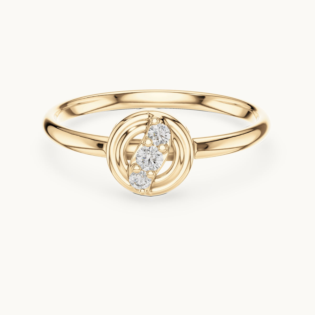 Round lab-grown diamond circle diagonal three-stone ring in yellow gold, 0.044 CT TW, view 4