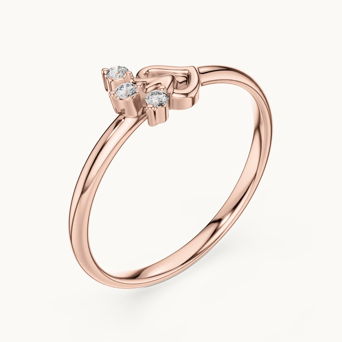 Round lab-grown diamond open heart three-stone spray ring in rose gold, 0.030 CT TW, view 2
