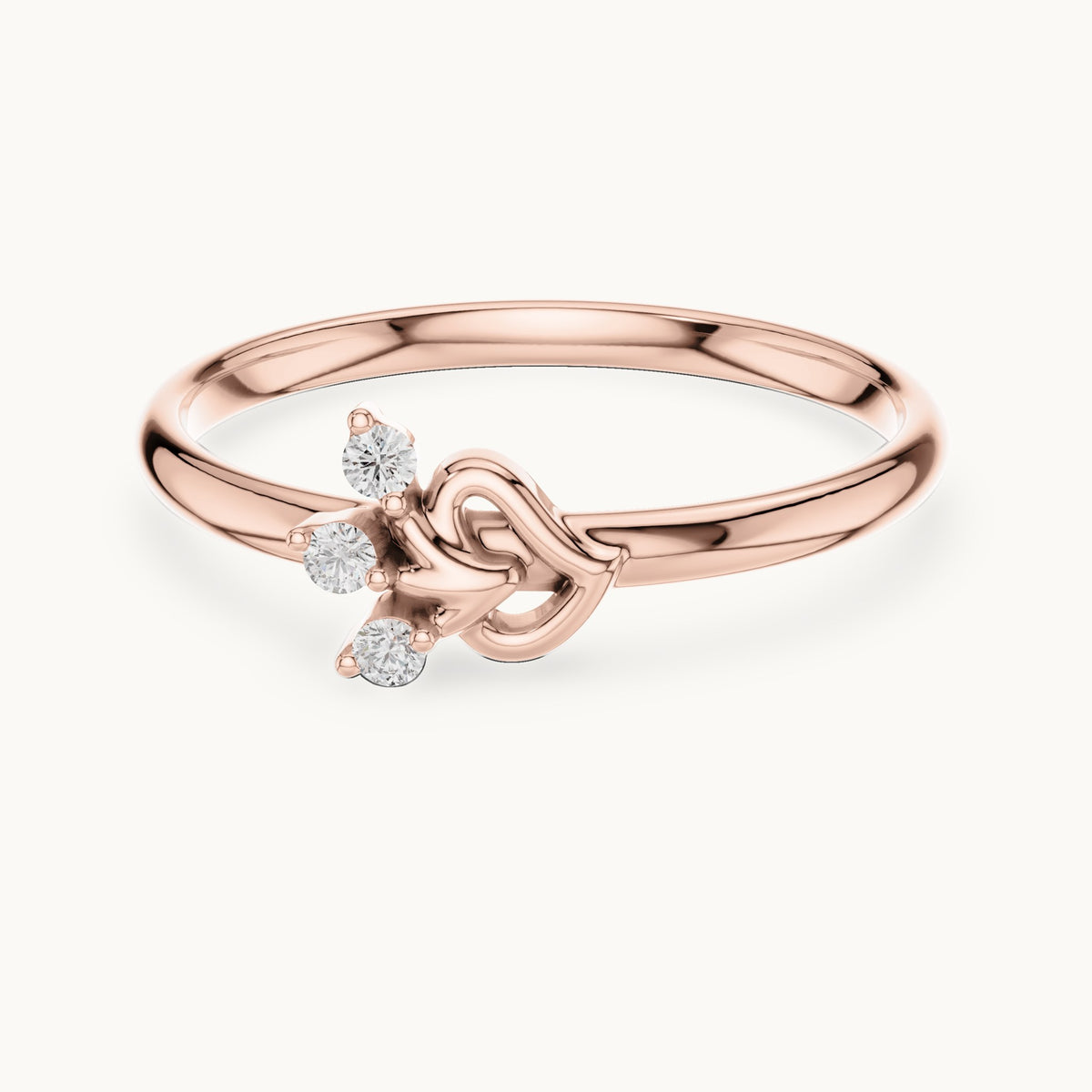 Round lab-grown diamond open heart three-stone spray ring in rose gold, 0.030 CT TW, view 4