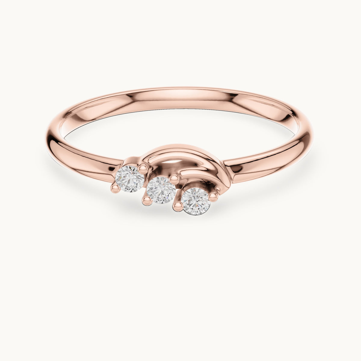 Round lab-grown diamond three-stone wave ring in rose gold, 0.045 CT TW, view 4