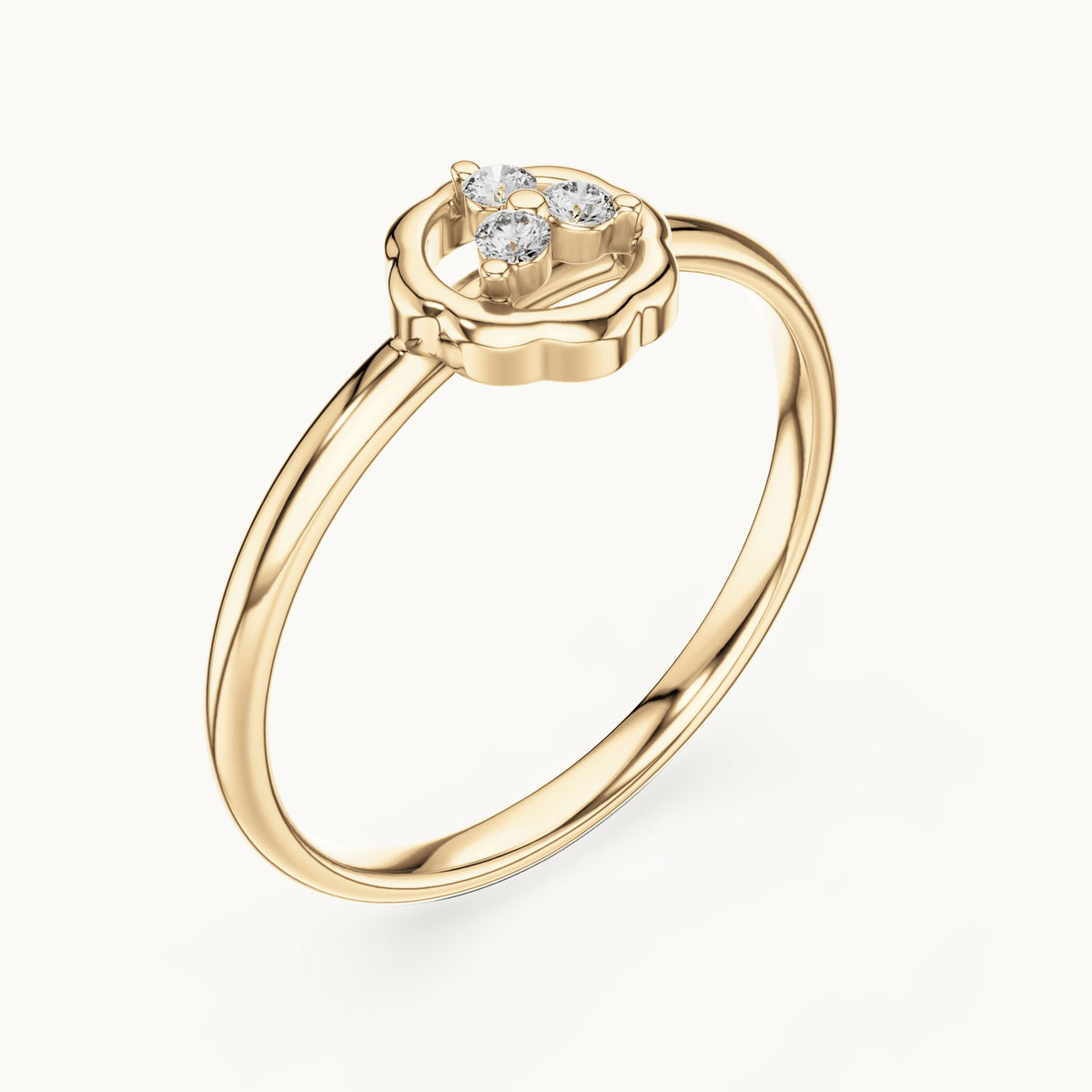 Round lab-grown diamond scalloped circle trio ring in yellow gold, 0.036 CT TW, view 2