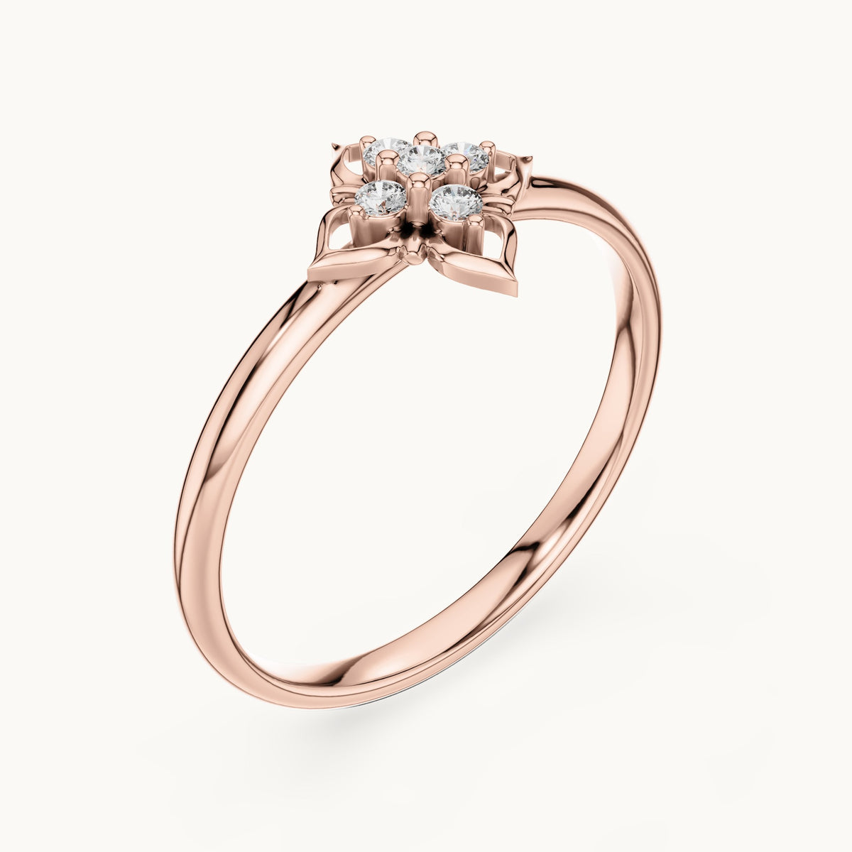 Round lab-grown diamond five-stone quatrefoil ring in rose gold, 0.05 CT TW, view 2