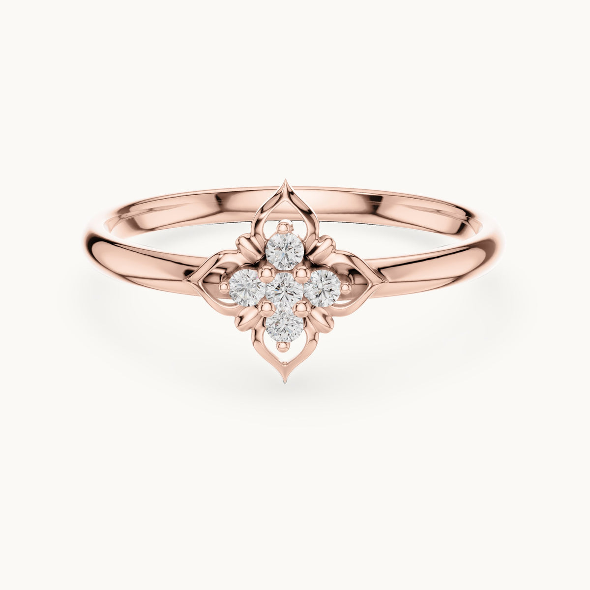 Round lab-grown diamond five-stone quatrefoil ring in rose gold, 0.05 CT TW, view 4