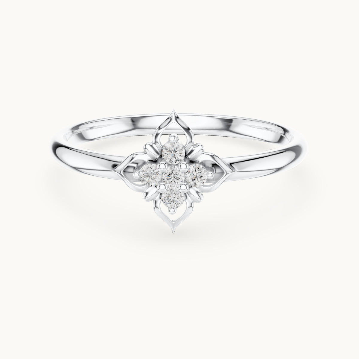 Round lab-grown diamond five-stone quatrefoil ring in white gold, 0.05 CT TW, view 4