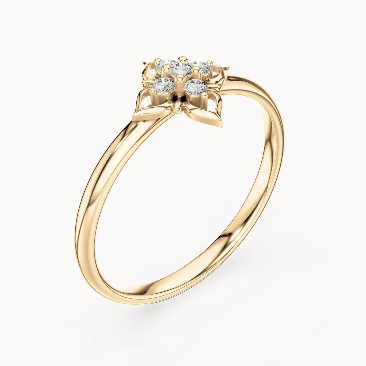 Round lab-grown diamond five-stone quatrefoil ring in yellow gold, 0.05 CT TW, view 2