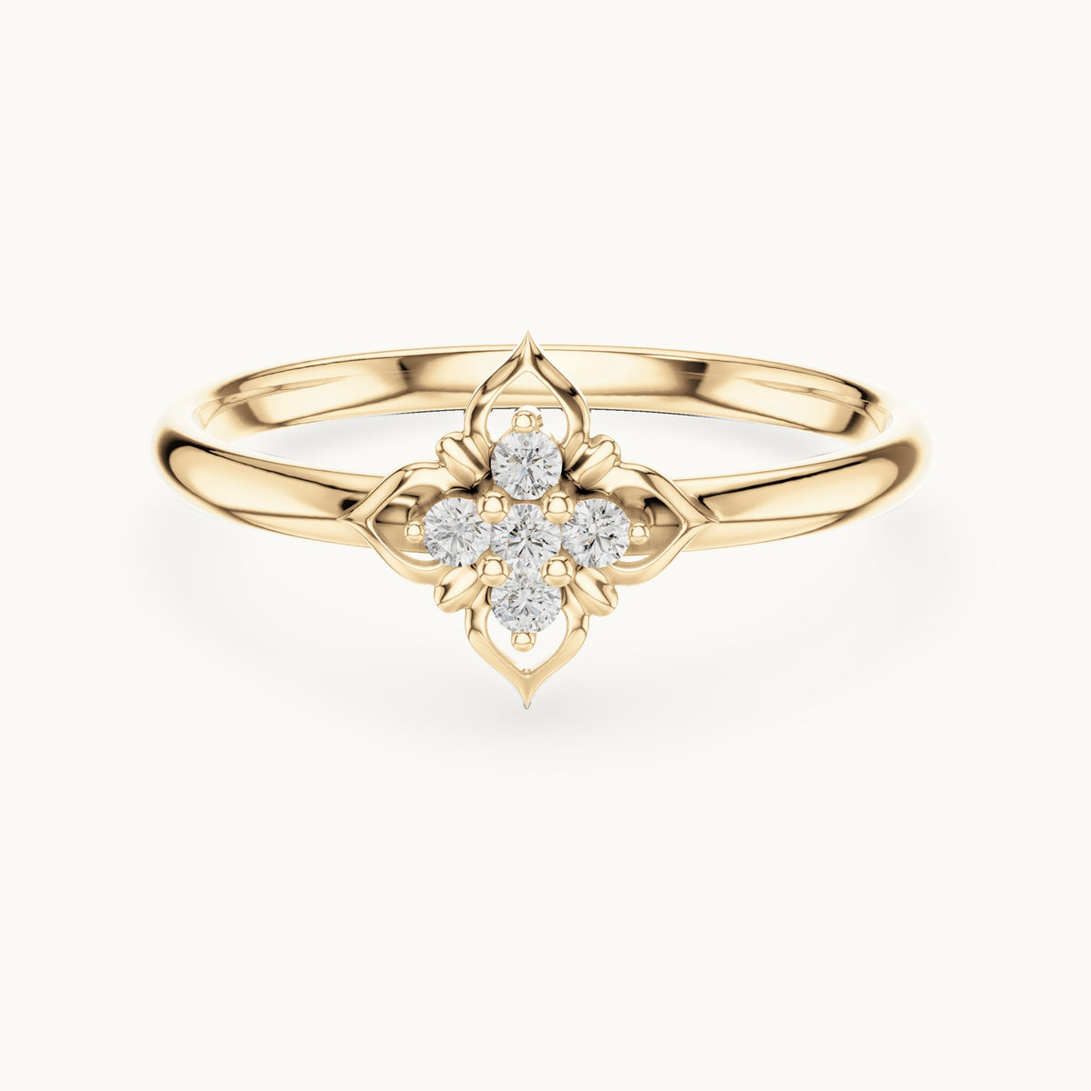 Round lab-grown diamond five-stone quatrefoil ring in yellow gold, 0.05 CT TW, view 4