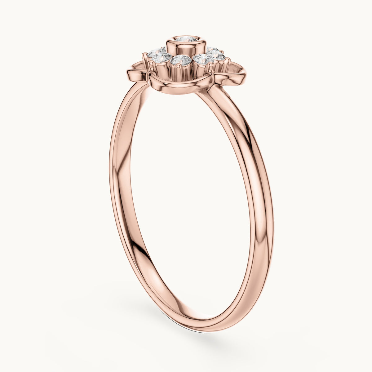 Round lab-grown diamond quatrefoil flower cluster ring in rose gold, 0.076 CT TW, view 1