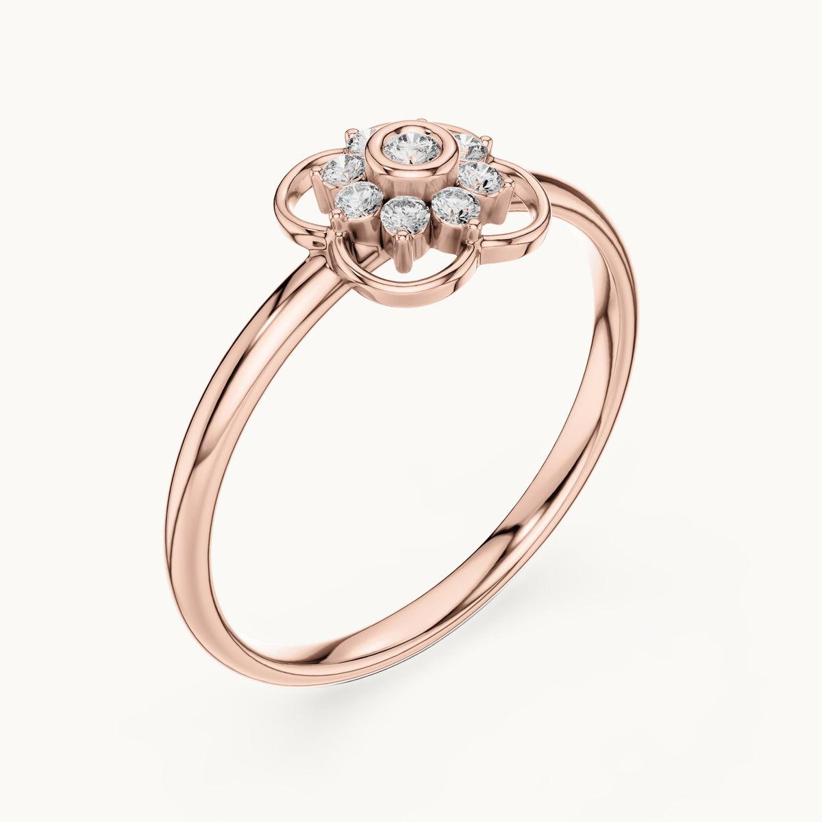 Round lab-grown diamond quatrefoil flower cluster ring in rose gold, 0.076 CT TW, view 2